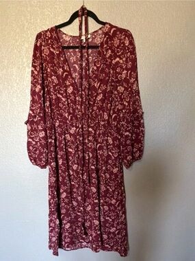 Knox Rose Burgundy Floral Tie-Neck Long Sleeve Dress